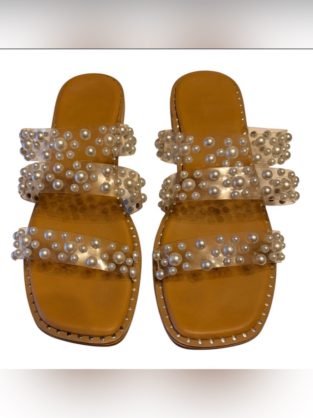 Nicole Miller Pearl-Embellished Clear Strap Woman Sandals - Tan